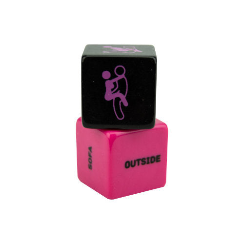 Loving Joy sex position dice set with two erotic dice for spicing up intimacy, featuring colorful numbered sides on a white background.