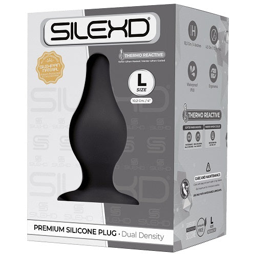 Large SilexD dual-density silicone butt plug with tapered tip and strong suction base, shown in natural position.