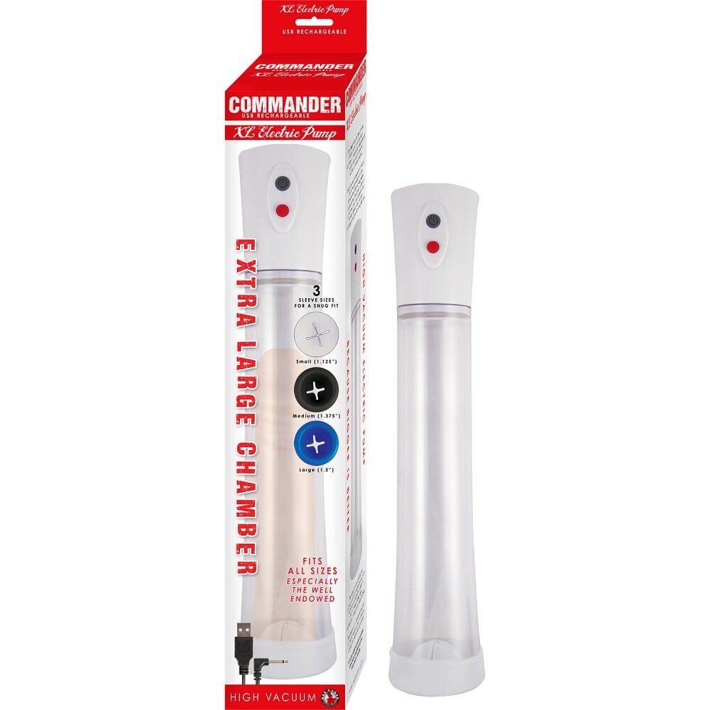 USB rechargeable high vacuum electric penis pump XL by Commander, showing the sleek pump device with digital controls.