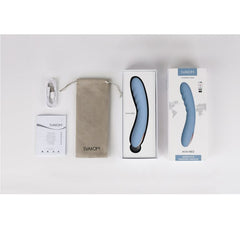 Svakom AVA NEO Bluetooth G-Spot Vibrator with thrusting motion, 5 modes, and 5 intensities, shown in close-up with control features.