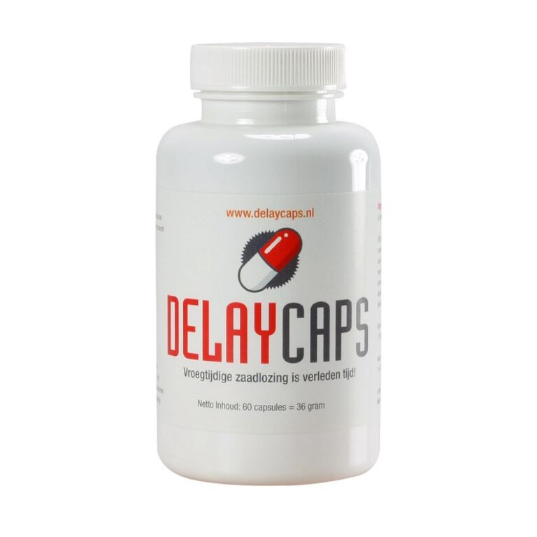 DelayCaps men's delay cream and spray supplements, 60-pack for performance enhancement, shown in the image.