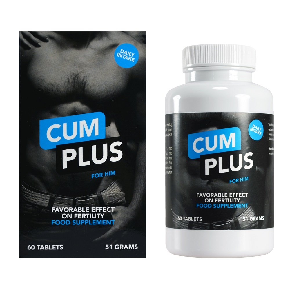 a bottle of cum plus next to a box of pills
