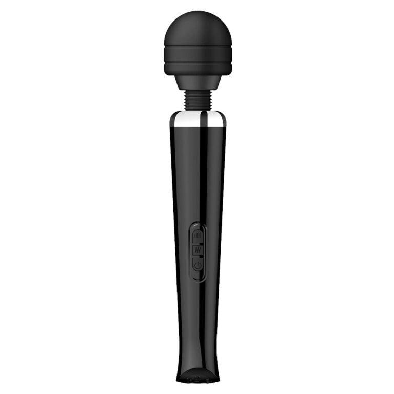 Loving Joy rechargeable black magic wand vibrator with ergonomic handle and smooth surface, designed for personal pleasure.