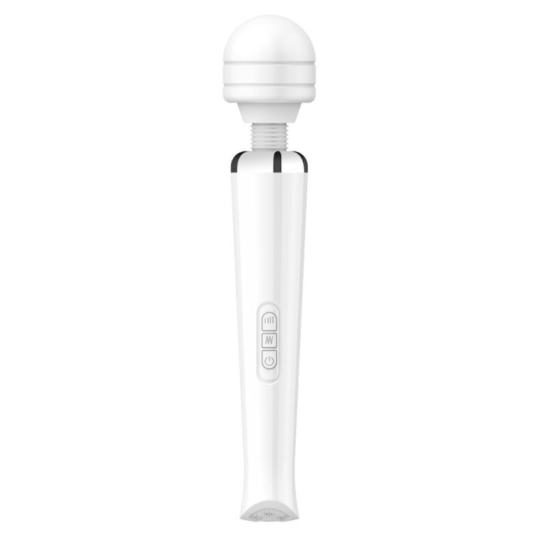 Close-up of Loving Joy Rechargeable Magic Wand Vibrator White highlighting its sleek contours and versatile features for luxurious experiences.