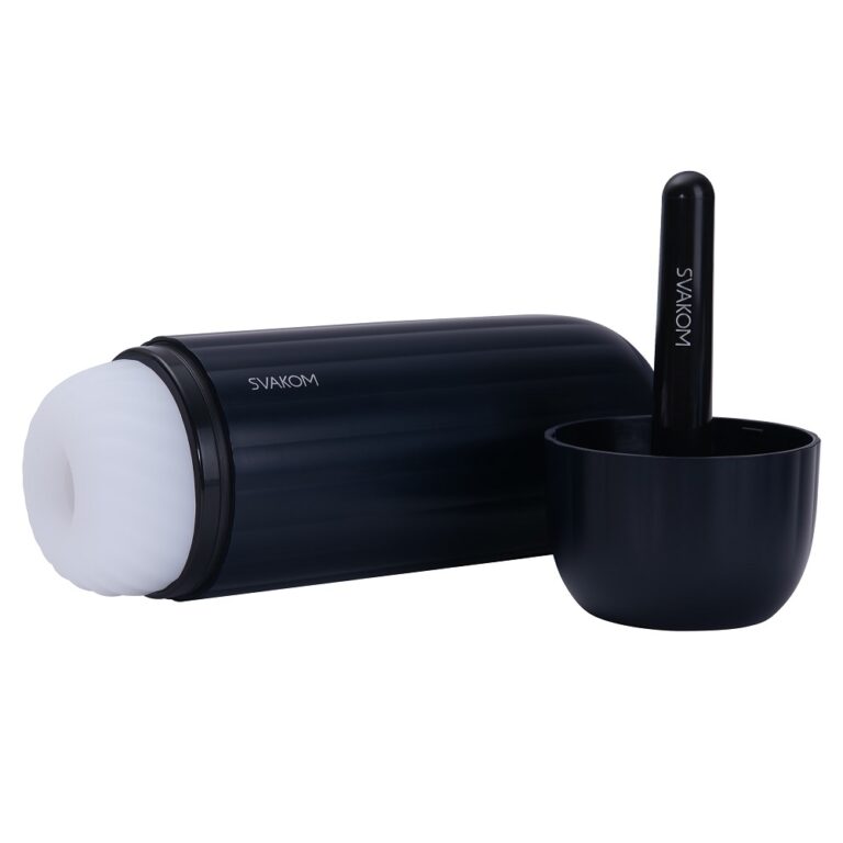 Svamok Sam Neo 2 Pro interactive masturbator with heating, sucking, and vibrating features, shown with textured interior and sleek design.