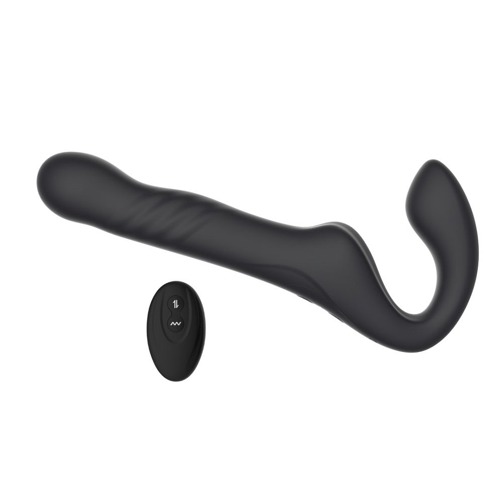 Mina Surge Remote Thrusting Vibrating Strapless Strap On showcasing its luxurious design and silicone material.