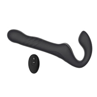 Mina Surge Remote Thrusting Vibrating Strapless Strap On showcasing its luxurious design and silicone material.