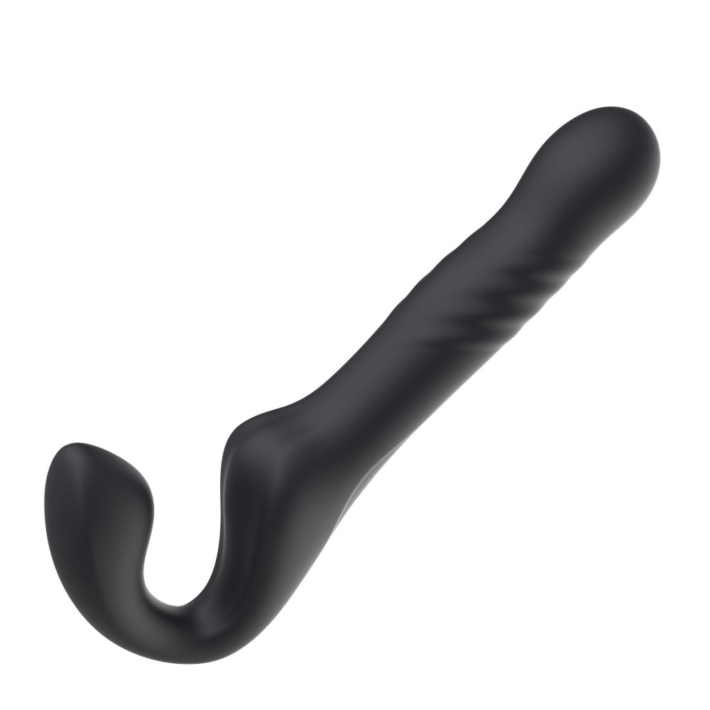 Mina Surge Remote Thrusting Vibrating Strapless Strap On displayed with thrusting modes indicated, perfect for intimate exploration.