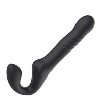 Mina Surge Remote Thrusting Vibrating Strapless Strap On displayed with thrusting modes indicated, perfect for intimate exploration.
