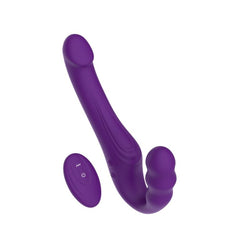 Stylish purple strap-on with remote control, designed for dual stimulation with a luxurious finish.