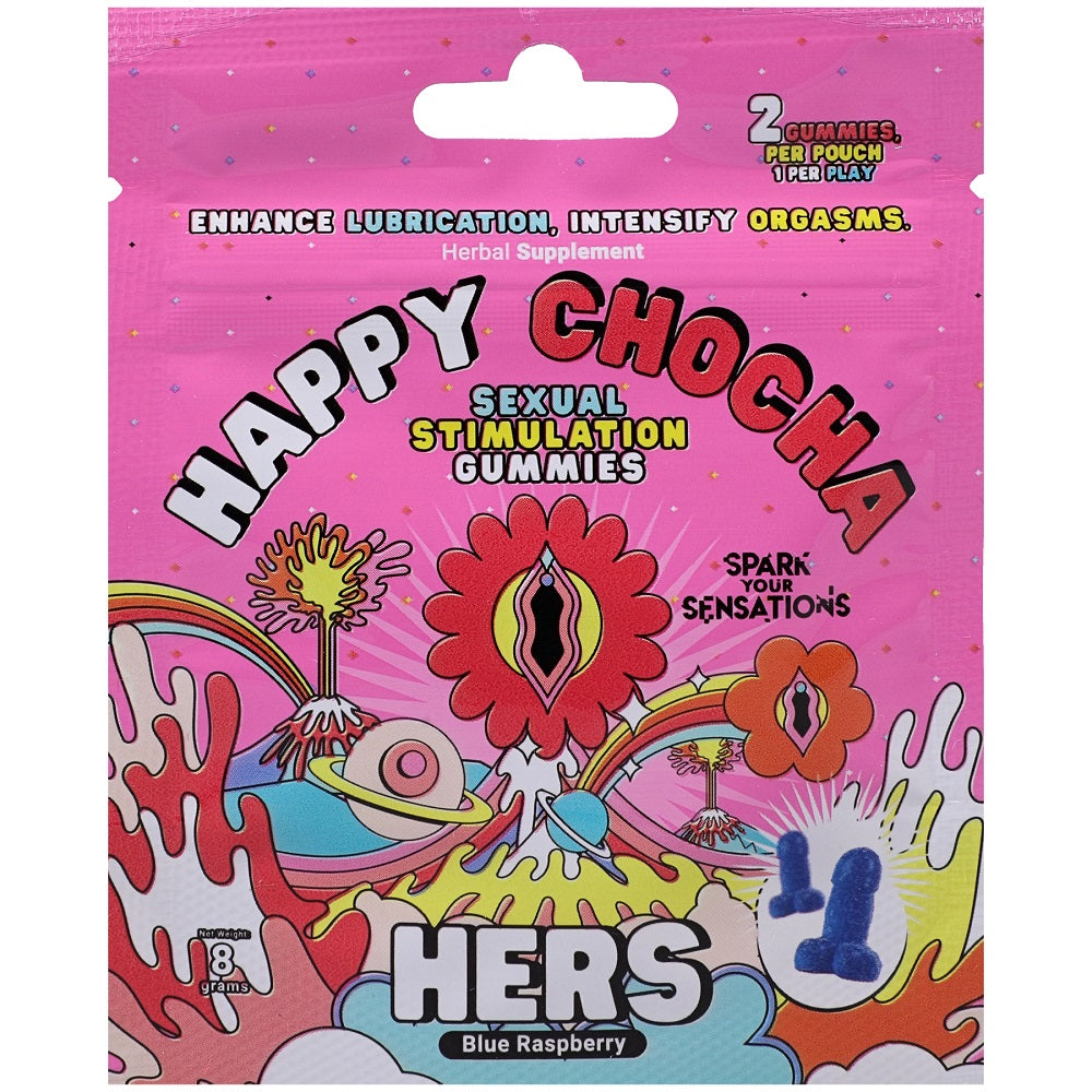 Two packs of Doc Johnson Happy Chocha Hers sexual stimulation gummies, edible treats to boost sensitivity, stamina, and pleasure.
