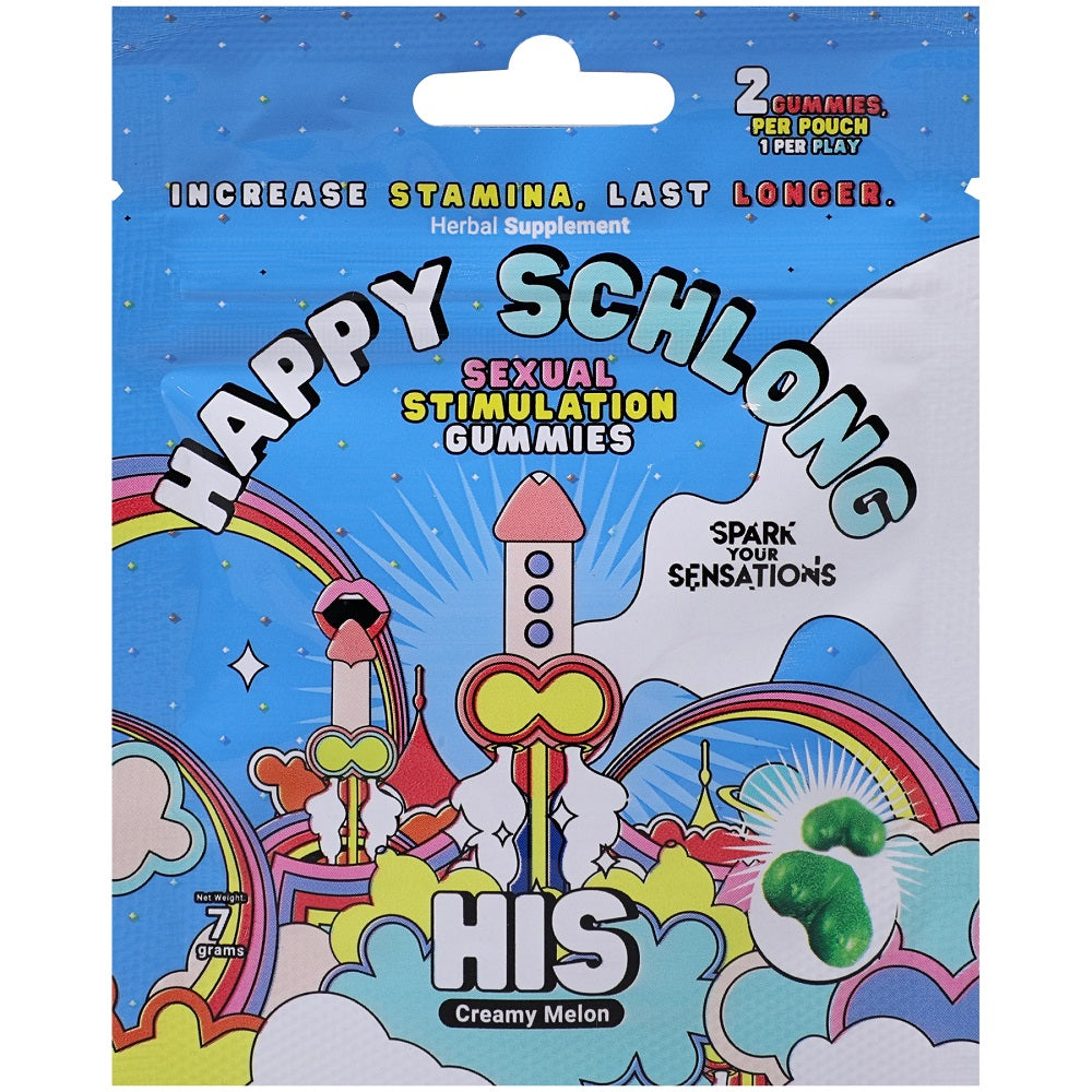 Two packs of Doc Johnson Happy Schlong (His) Gummies, aphrodisiacs and sexual enhancement gummies for men.