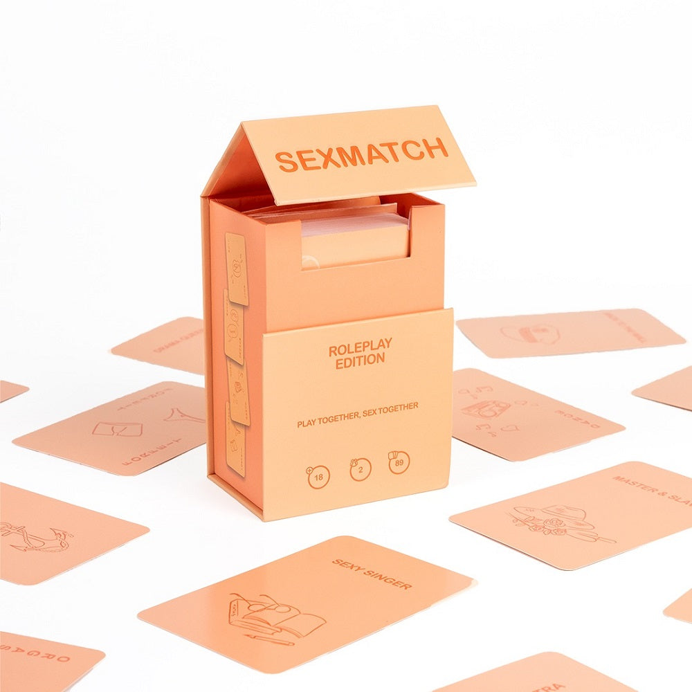 Secret Play Sexmatch Couples Roleplay Game with 89 cards, dice, and sexy challenges for adult fun and intimacy.