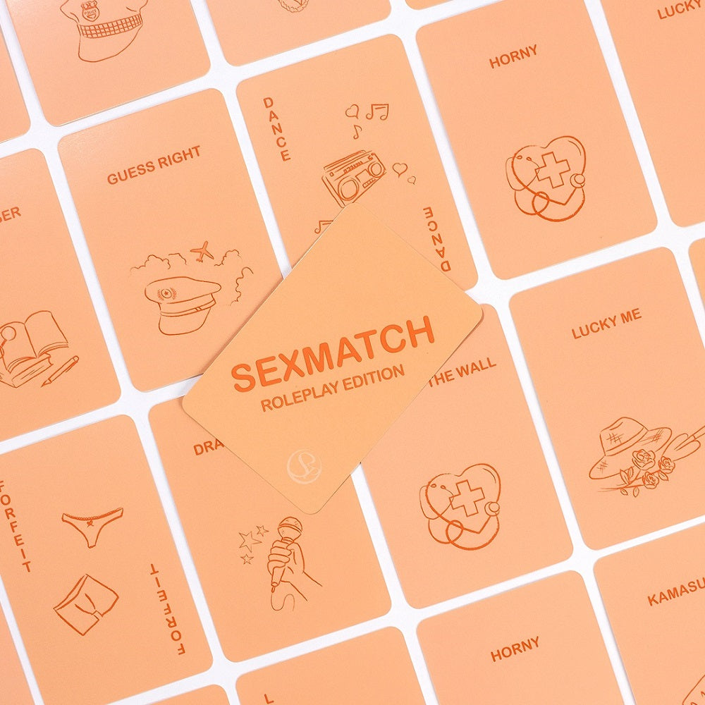 Stylish presentation of the Sexmatch Roleplay Game, designed for couples to explore their fantasies together.