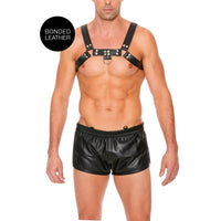 Luxury Bulldog Leather Chest Harness featuring bonded leather construction and metal O Ring accents.