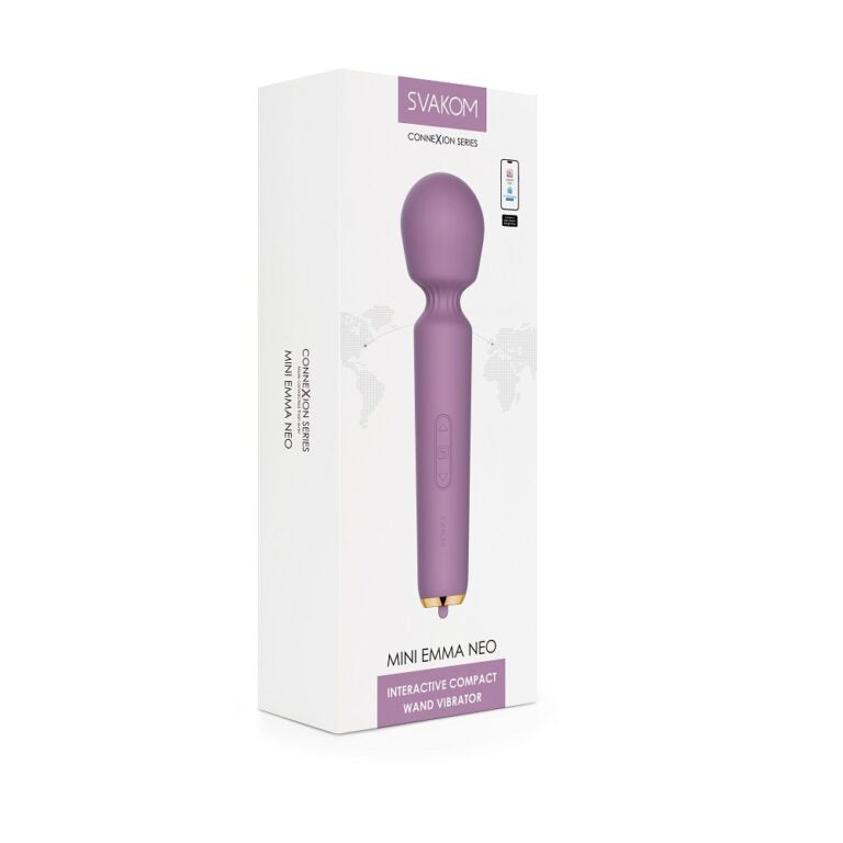 Detailed image of Svakom Mini Emma Neo Wand Vibrator demonstrating its user-friendly features, an essential Mini Wand Vibrator for sophisticated pleasure seekers.