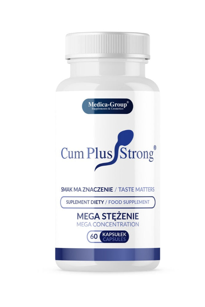 Herbal supplements box of Cum Plus Strong Tablets by Medica Group, 60-pack with tablets shown in blister packaging.