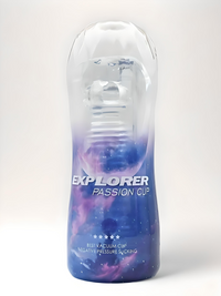 Luxury Explorer Vacuum Cup Male Masturbator showcasing its transparent design and textured inner surface.