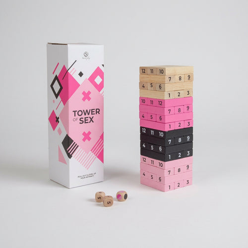 Secret Play Tower of Sex adult couples game with wooden challenge tower and three spicy dice set