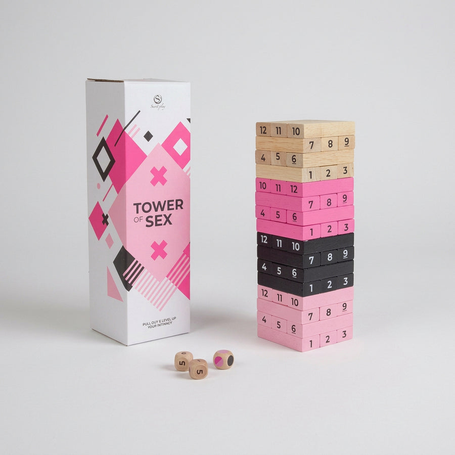 Secret Play Tower of Sex adult couples game with wooden challenge tower and three spicy dice set