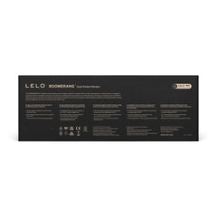 Lelo Boomerang Dual Ended Vibrator displayed in a chic setting, emphasizing its rechargeable feature and sophisticated appeal for couples.