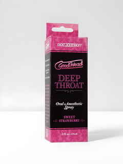 Elegant packaging of Doc Johnson Good Head Deep Throat Spray Sweet Strawberry, a 2 fl. oz. oral anesthetic spray, ideal for a luxurious intimate experience with focus on enhancing oral enjoyment.