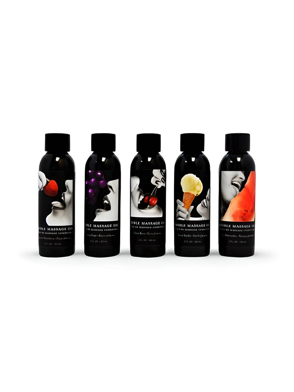 Earthly Pleasures edible massage oil for sensual couples massage, shown in a 2oz bottle, perfect for romantic massage sessions.