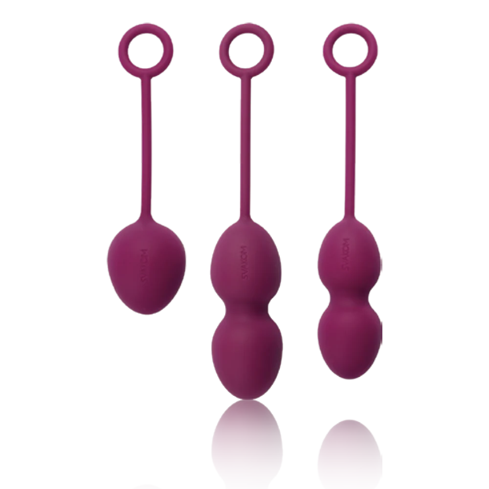 a set of three purple balls with handles