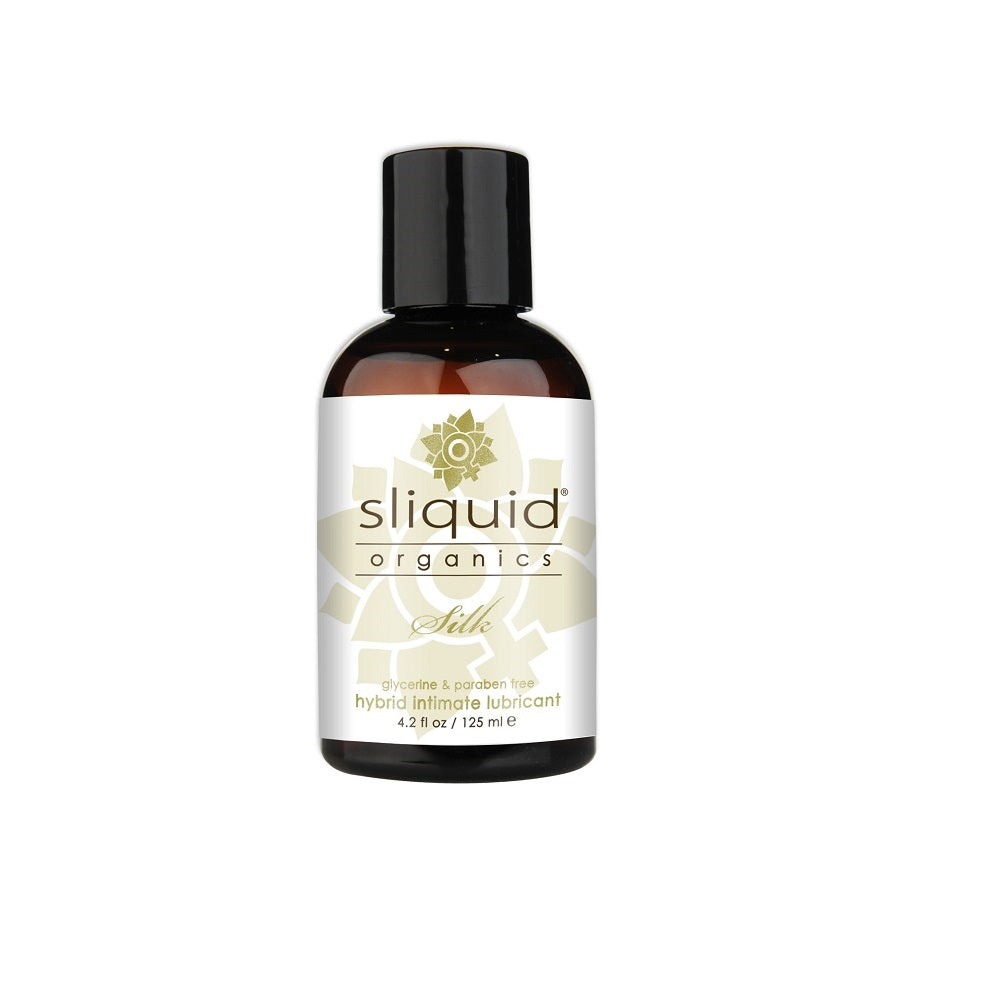 Sliquid Organics Silk Hybrid Lubricant bottle showing 125ml size, clear packaging with product label, designed for gentle, long-lasting lubrication.