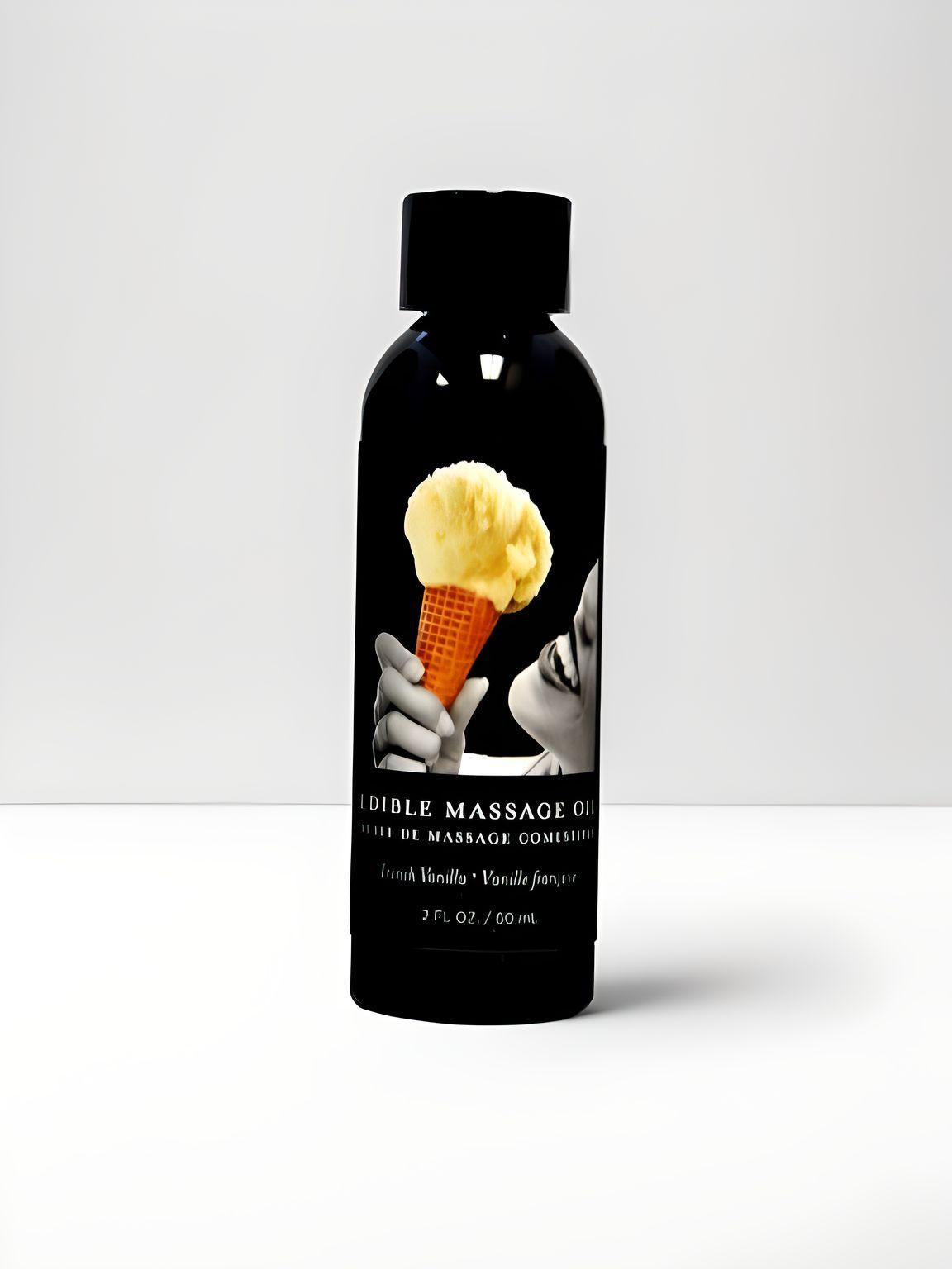 Earthly Pleasures edible massage oil in vanilla scent, 2oz bottle, ideal for sensual couples massages with a tasty, smooth texture.