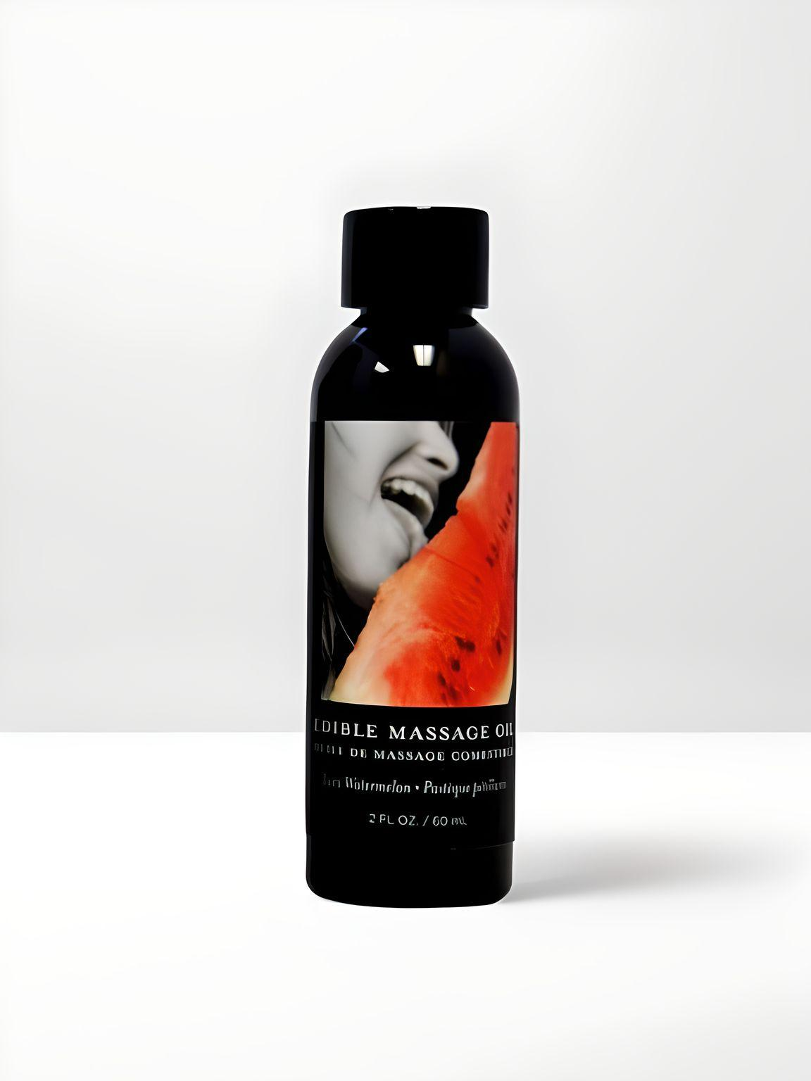Earthly Pleasures edible watermelon massage oil, a sensual massage candle and oil for couples, in a 2oz bottle.