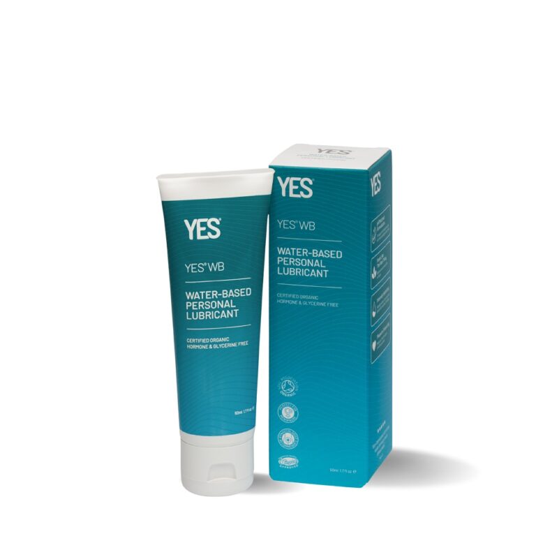YES Organic Water-Based Personal Lubricant 50ml bottle, clear and smooth texture, designed for intimate use.