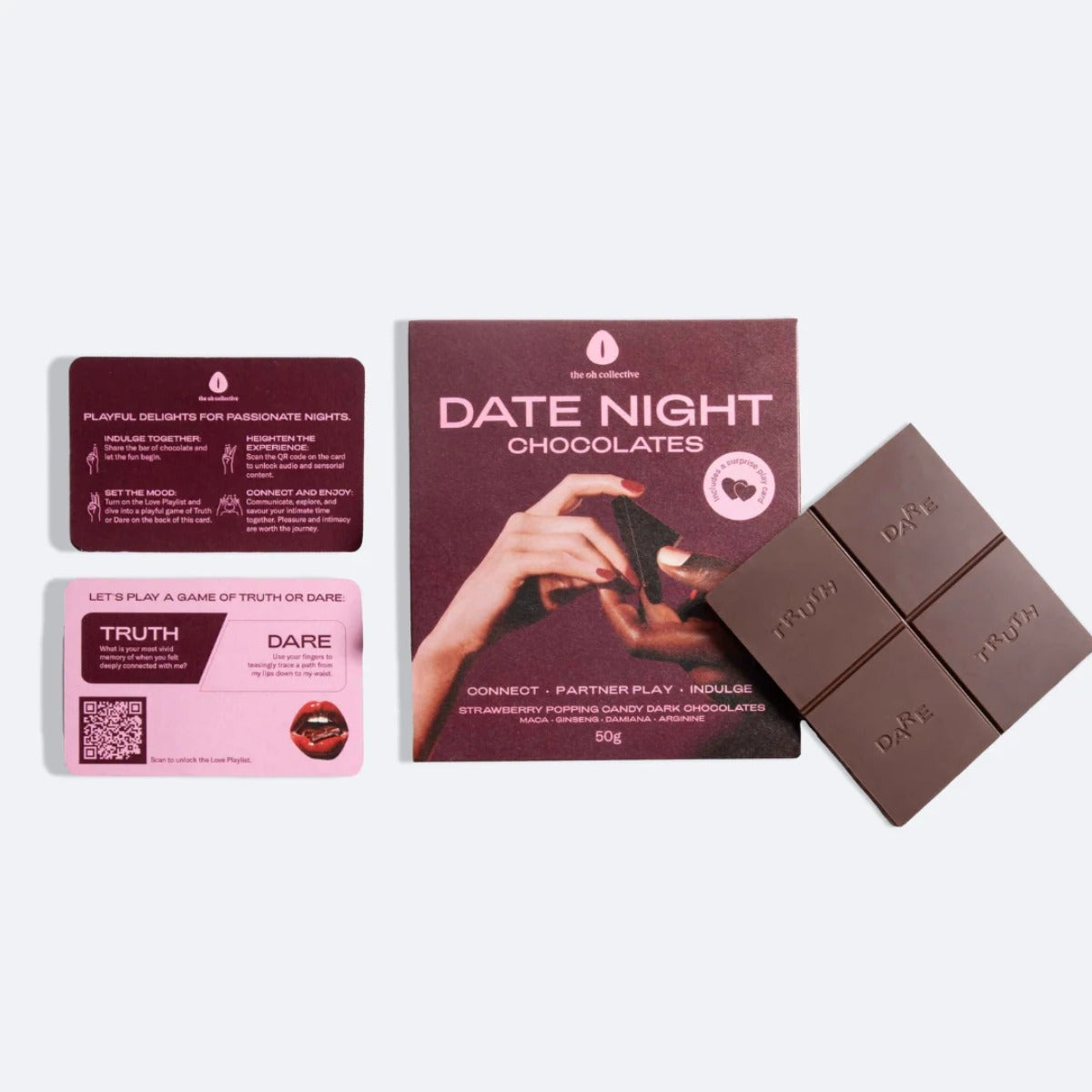 Date Night Chocolates packaging with chocolate bars on a white background