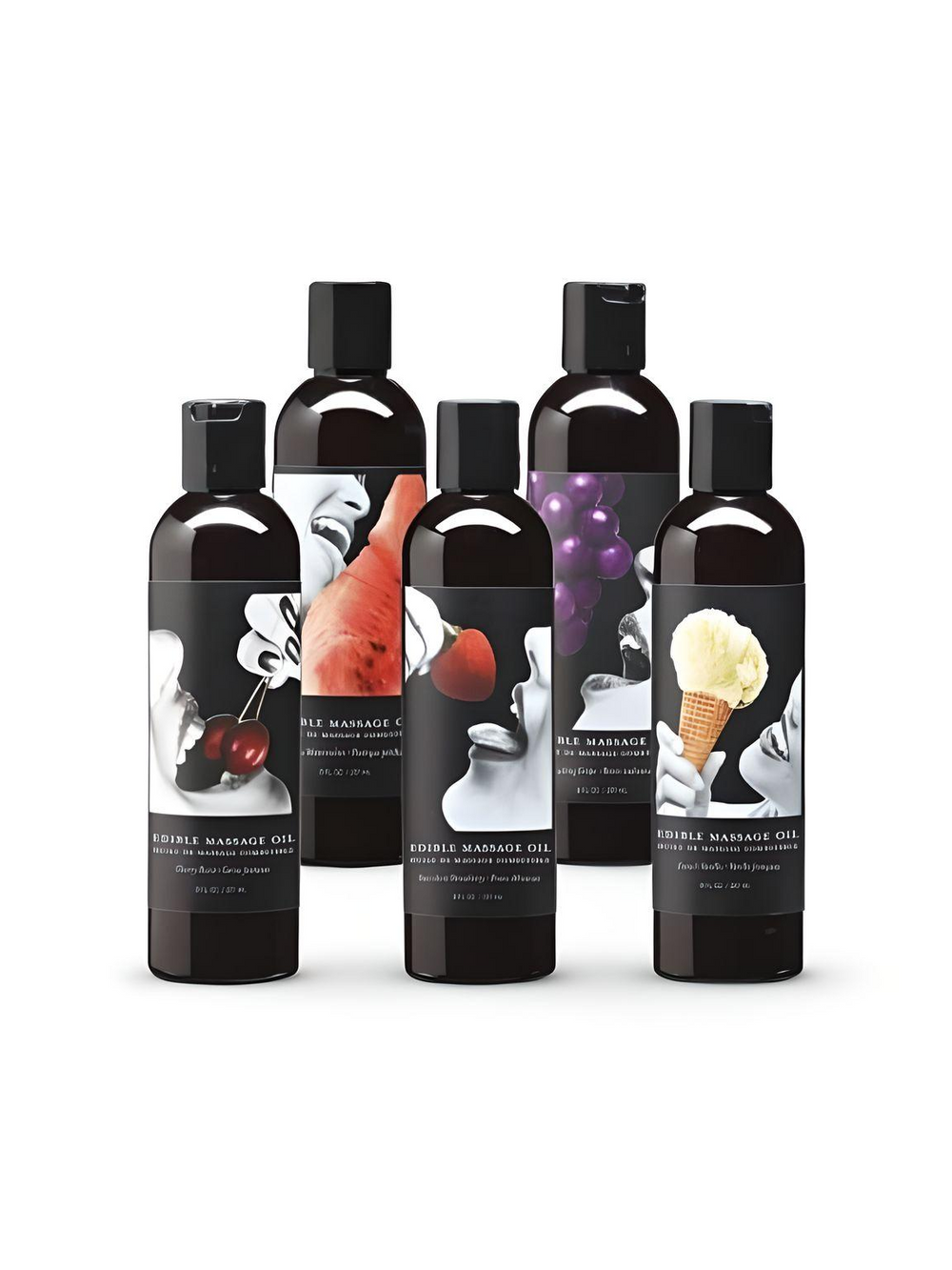 Earthly Pleasures edible massage oil in a bottle, designed for sensual and tasty couples massages, part of Earthly Body massage candles and oils.