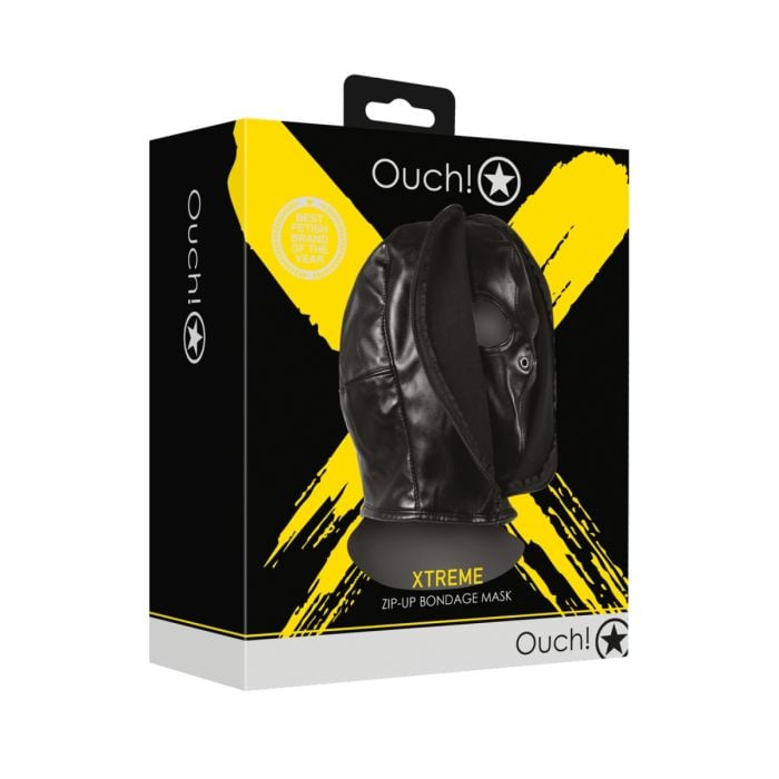 Detailed view of the lace-up back of the Zipup Bondage Mask Black, emphasizing adjustable sizing for all head shapes in an elegant bondage accessory.