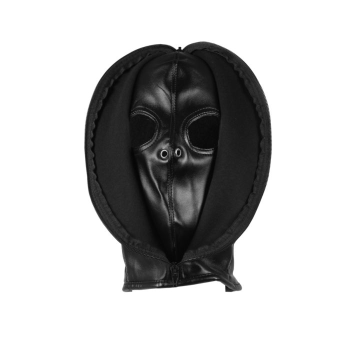 Close-up of the Zipup Bondage Mask Black by Ouch!, highlighting the soft inner lining and stylish PU leather exterior for enhanced bondage experience.