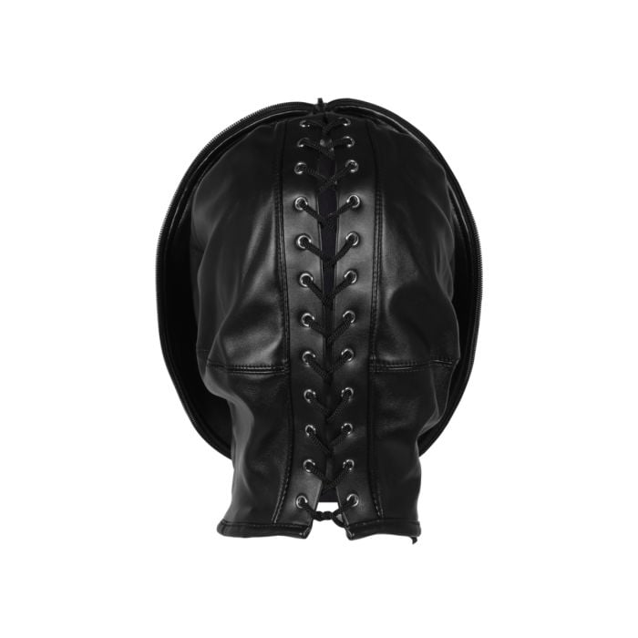 Model wearing the luxurious Zipup Bondage Mask Black, illustrating the perfect fit and complete sensory deprivation for heightened excitement.