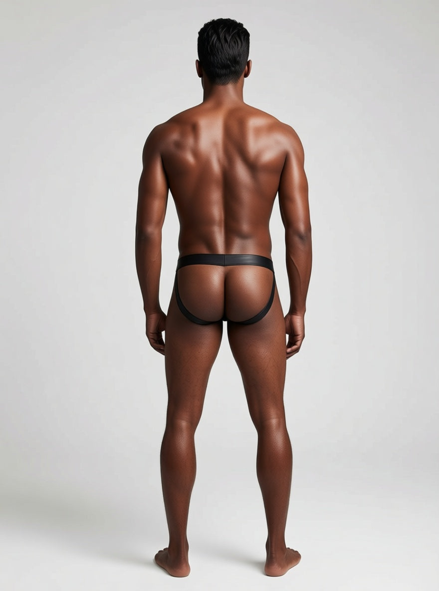 Envy metallic black men's jock strap with supportive design and adjustable waistband, featuring shiny black fabric and minimal coverage.