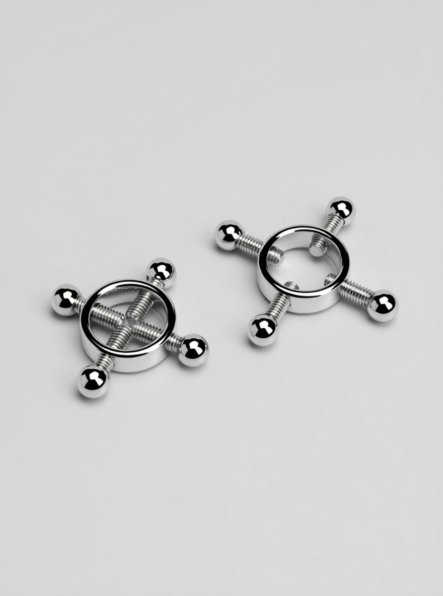 Prowler RED 4-way screw adjustable metal nipple clamps with textured grips and secure screw mechanism for enhanced sensation.