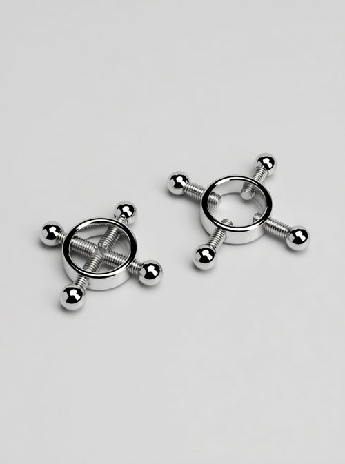 Prowler RED 4-way screw adjustable metal nipple clamps with textured grips and secure screw mechanism for enhanced sensation.