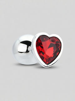 Toosh Heart Shaped Metal Butt Plug with Red Stone - S, M and L, sleek metal Butt Plug with tapered shape and heart-shaped jewellery