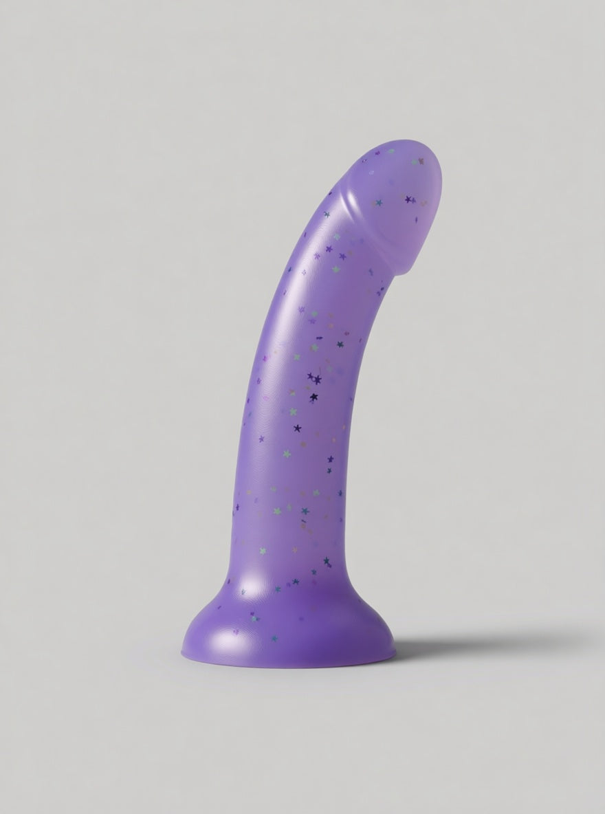 Purple silicone dildo shaped like a starry night sky with a 7-inch length from Loving Joy Mina Starlight collection.
