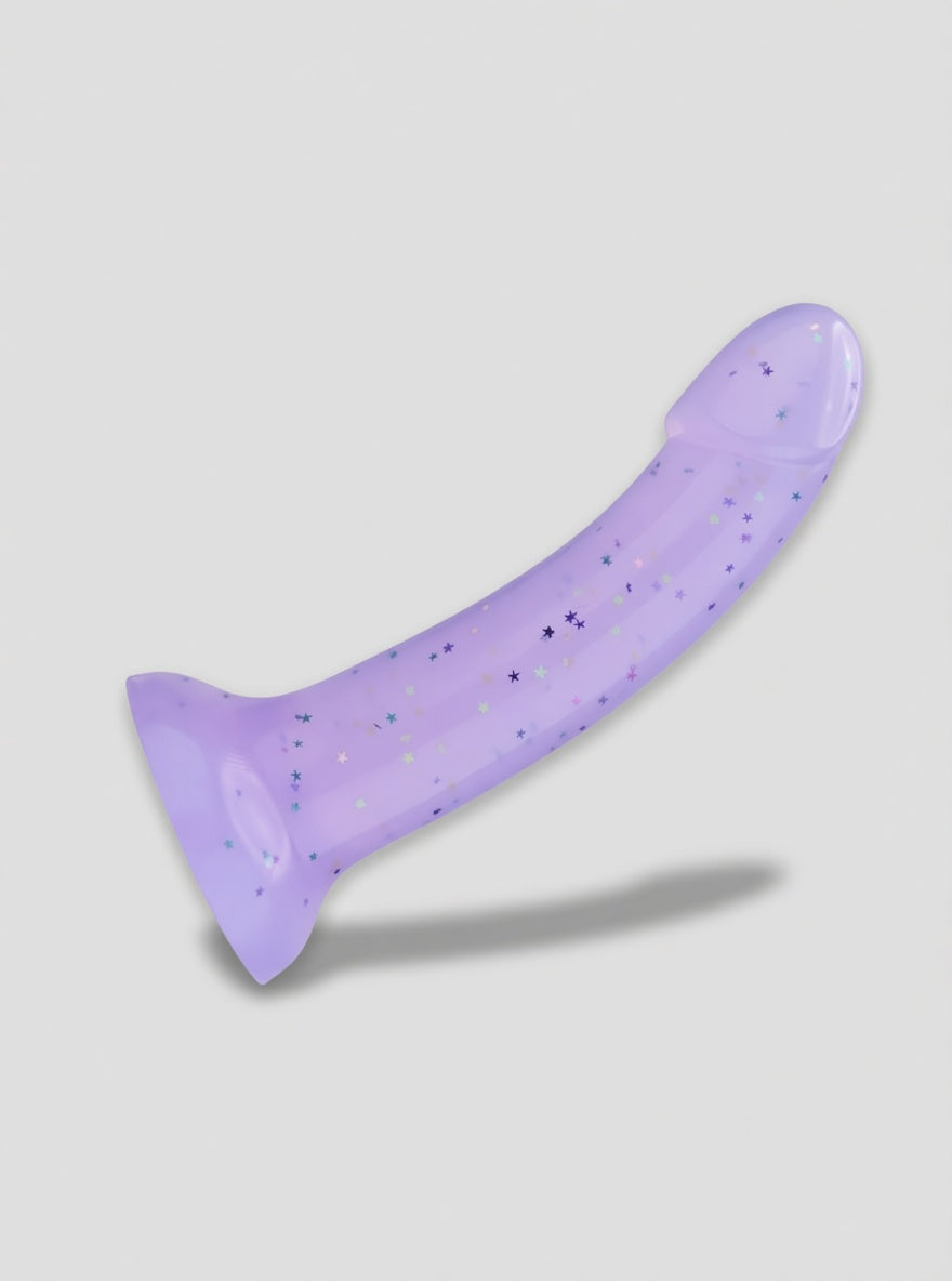 Purple silicone dildo from Loving Joy's Mina Starlight collection, 7 inches, starry design, smooth and flexible for intimate use.