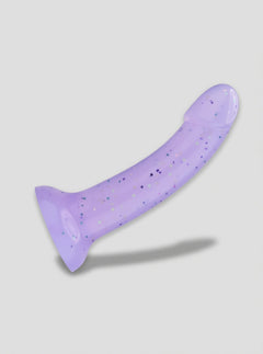 Purple silicone dildo from Loving Joy's Mina Starlight collection, 7 inches, starry design, smooth and flexible for intimate use.