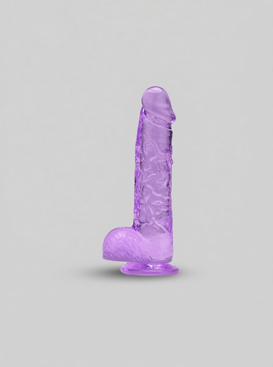 Pink or purple Loving Joy Jelly Crystal dildo with balls, realistic design, smooth texture, suitable for adult pleasure use.