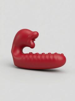 Dual Motor Rose Tongue Finger Vibrator Sleeve shown from the side, showcasing its smooth flexible body and textured surface in a luxury red rose tongue finger vibrator design.