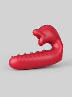 Side profile of the Dual Motor Rose Tongue Finger Vibrator Sleeve in red silicone, showing its curved two-finger fit and rose tongue finger vibrator head.