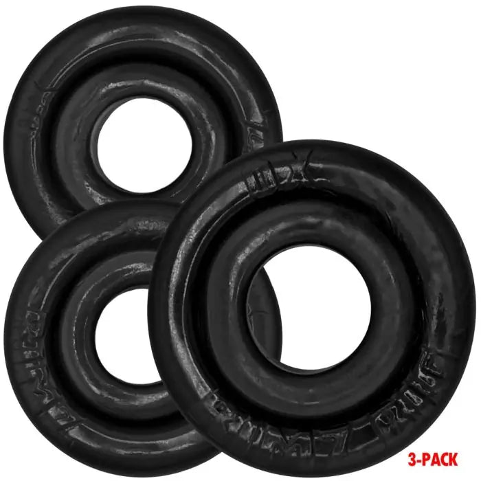 Set of three black Oxballs RIMRINGZ cock rings in multiple sizes, designed for flexible fit and enhanced pleasure.