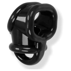 Black Oxballs Ballsling with ball splitting strap, adjustable cock ring and strap for enhanced support and stimulation.