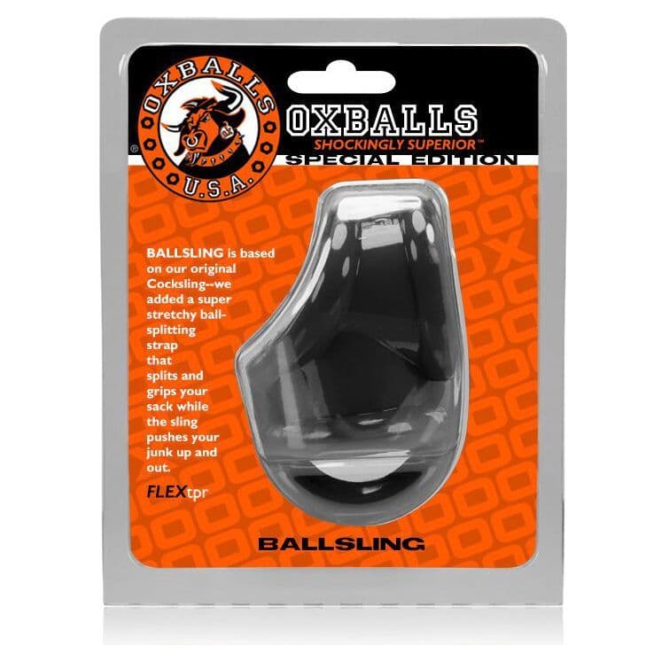 Black Oxballs Ballsling with ball splitting strap, adjustable cock ring and strap for enhanced support and sensation.